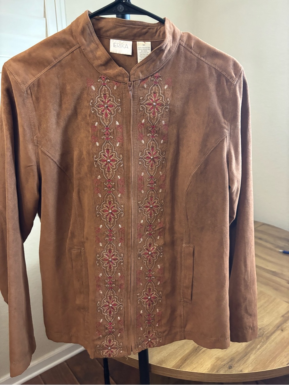 Erika Brown Suede Jacket with Embroidered Front Panels